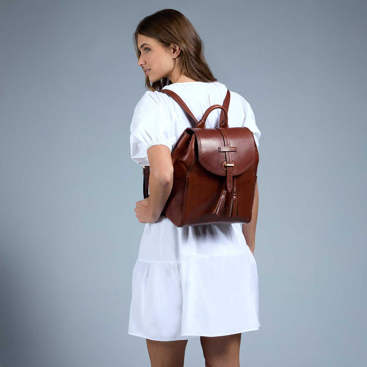 Women's backpack in leather BROWN/GOLD | The Bridge
