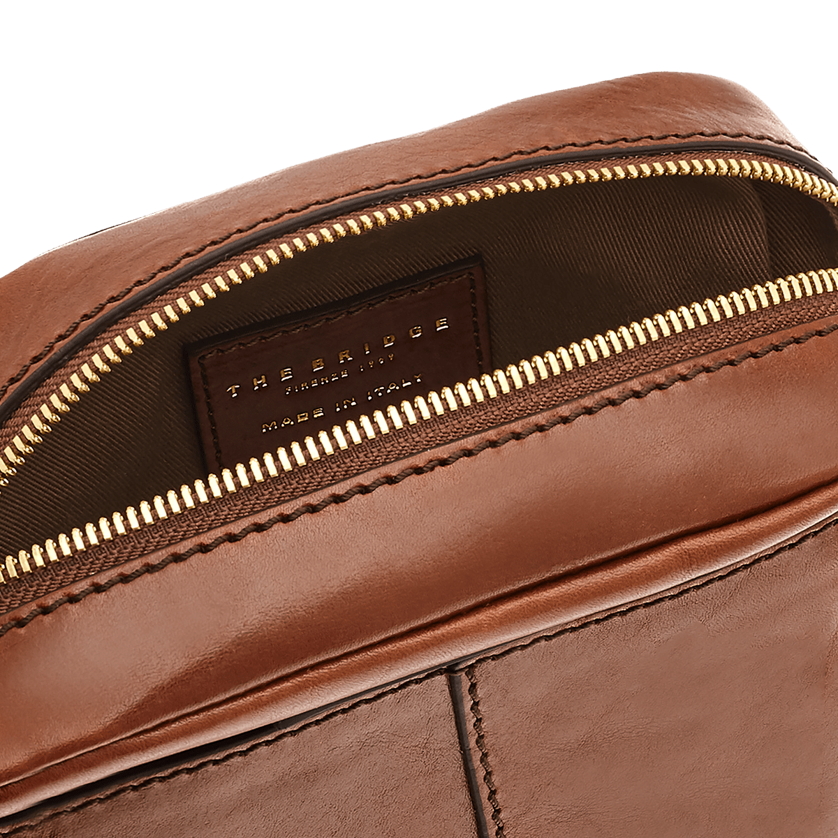 Men's leather crossbody pouch one zip BROWN/GOLD | The Bridge