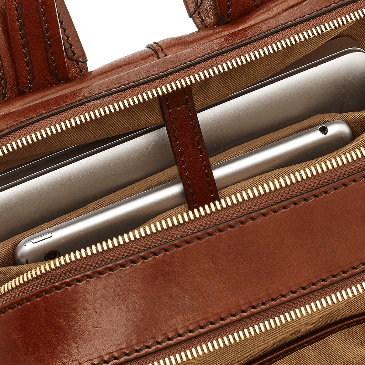 Men's leather laptop backpack with two zips BROWN/GOLD | The Bridge