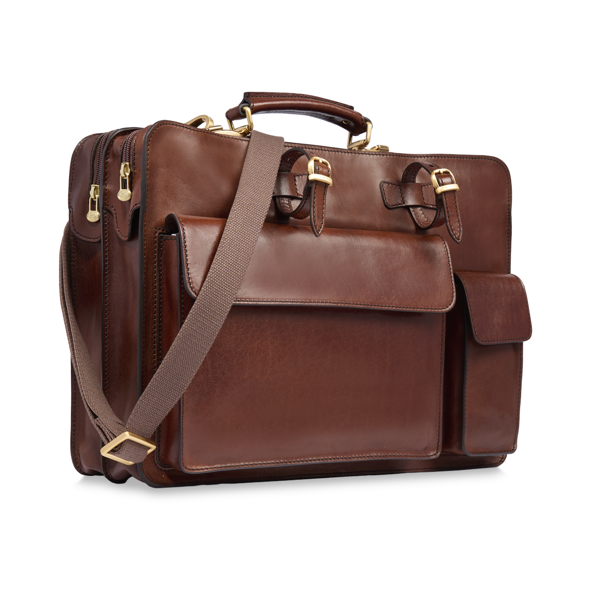 Men's leather briefcase with shoulder strap BROWN/GOLD | The Bridge