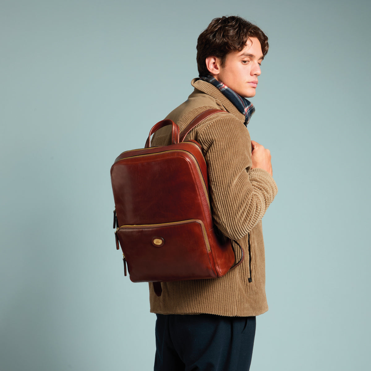 Men's leather laptop backpack with two zips