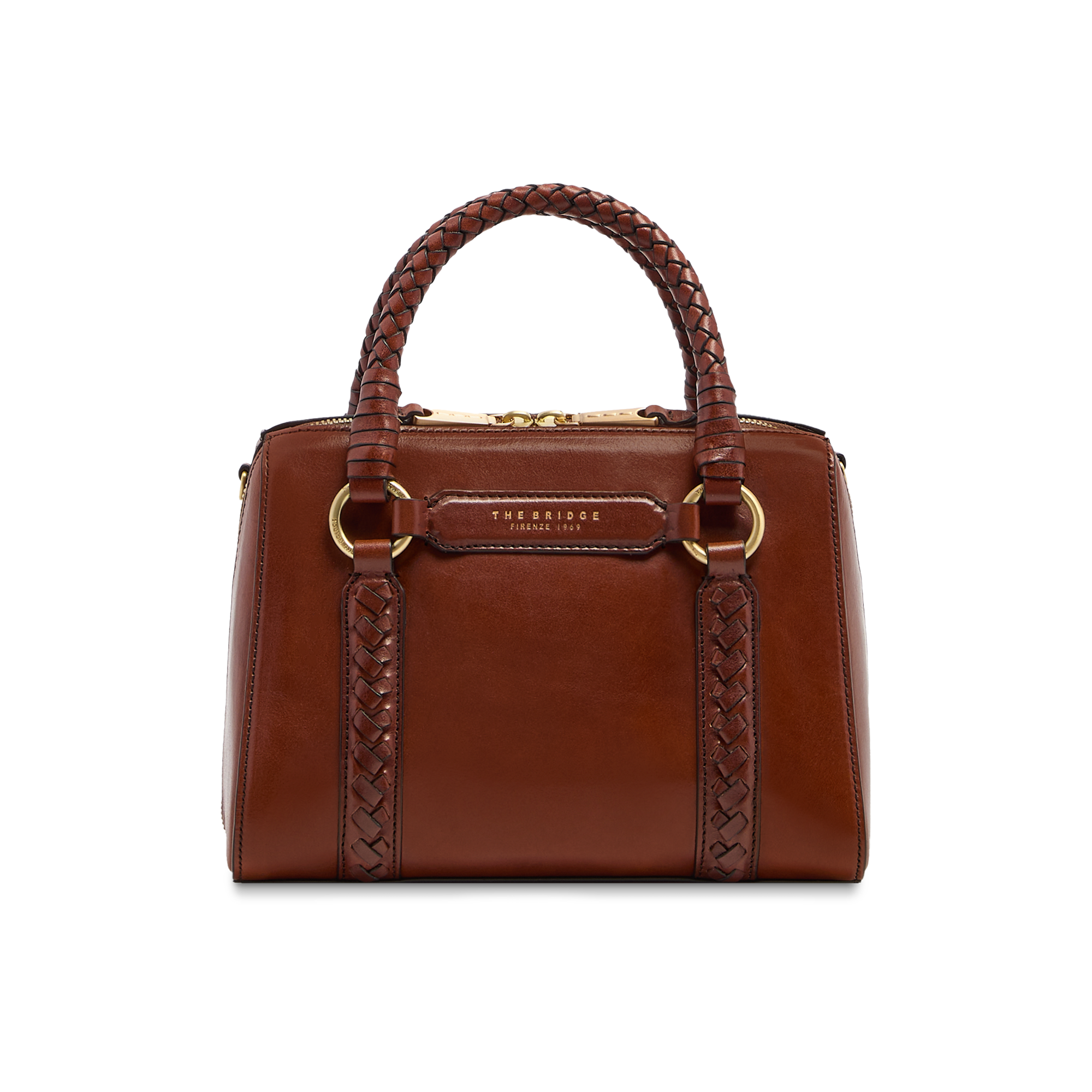 Leather handbag with removable shoulder strap BROWN/GOLD | The Bridge