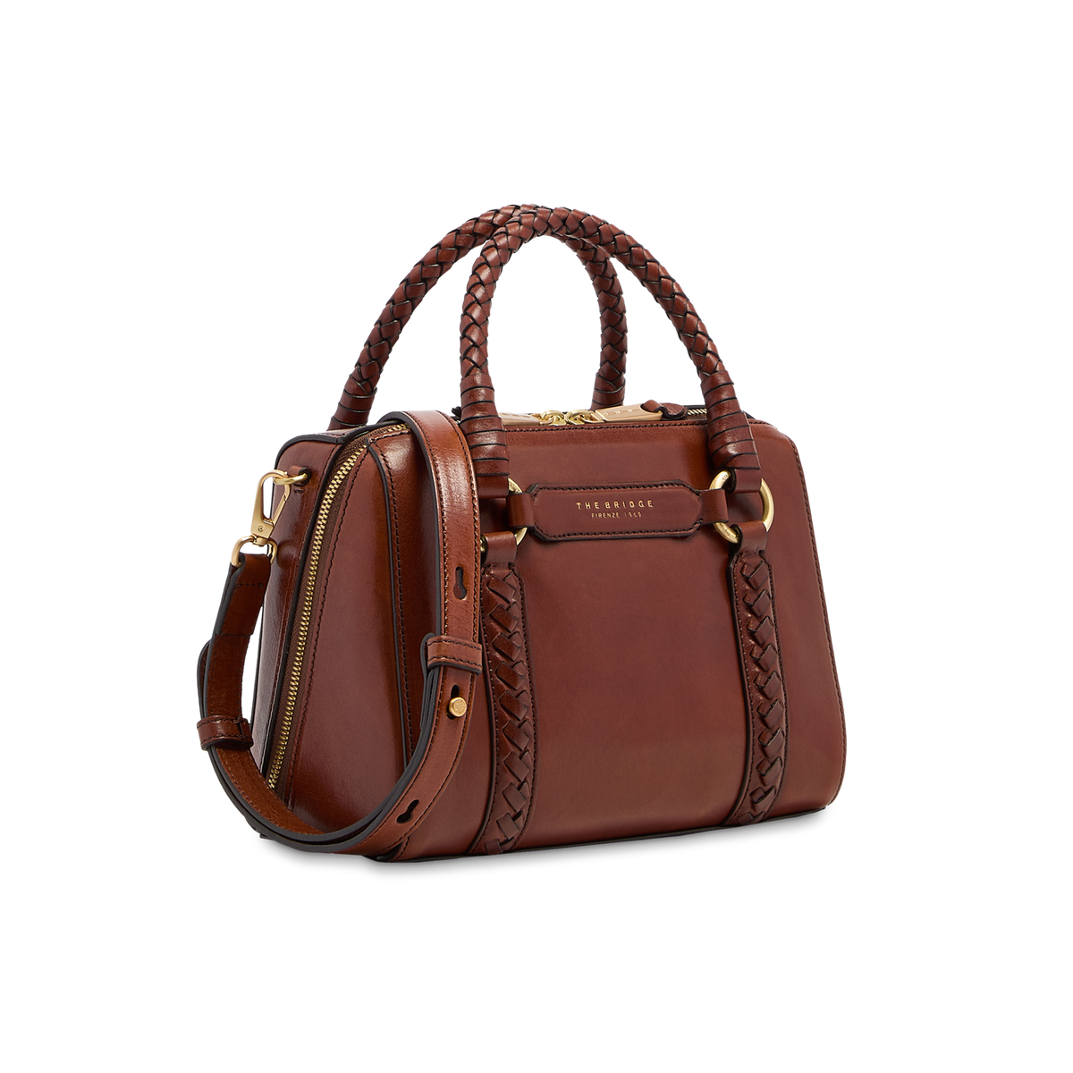 Leather handbag with removable shoulder strap BROWN/GOLD | The Bridge