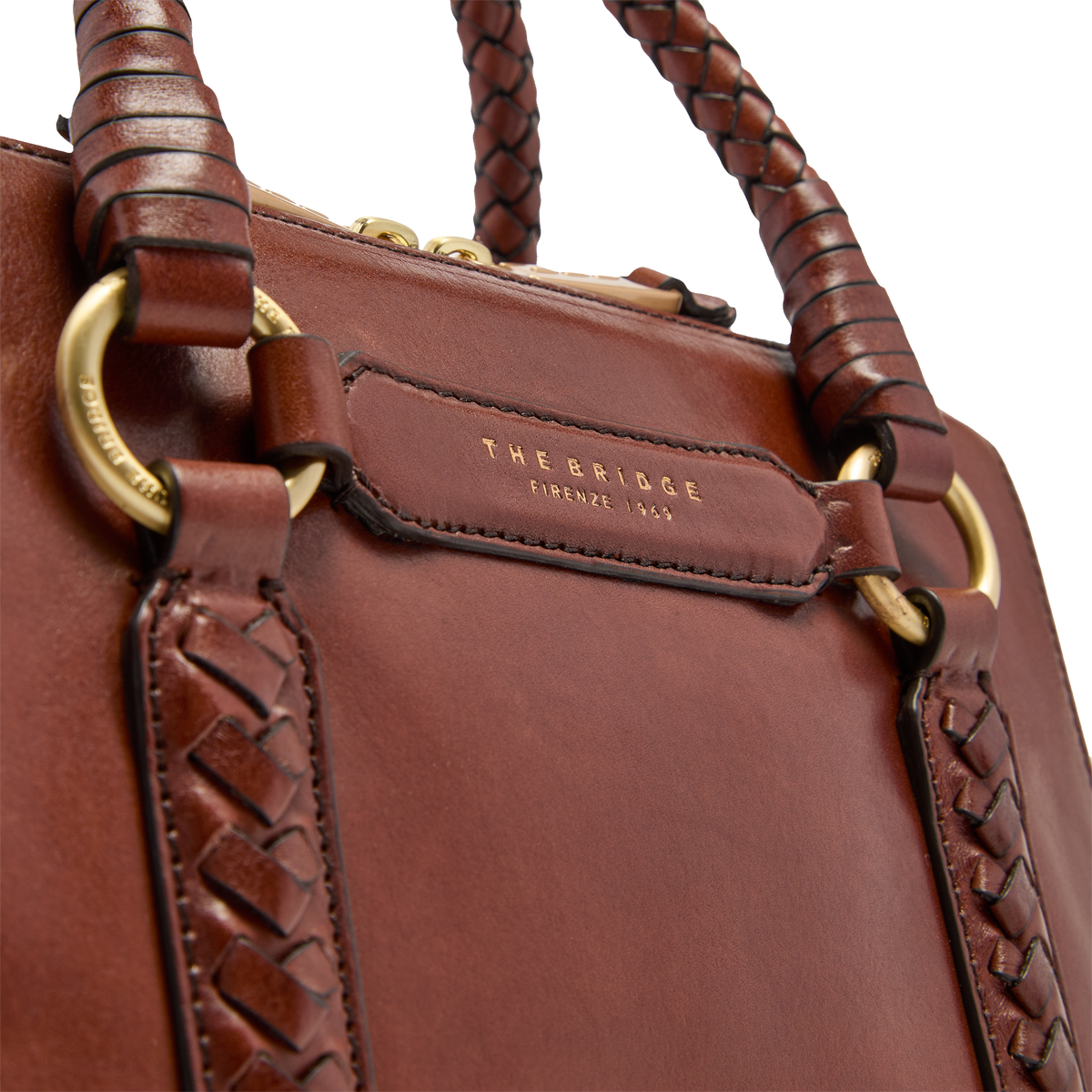 Leather handbag with removable shoulder strap BROWN/GOLD | The Bridge