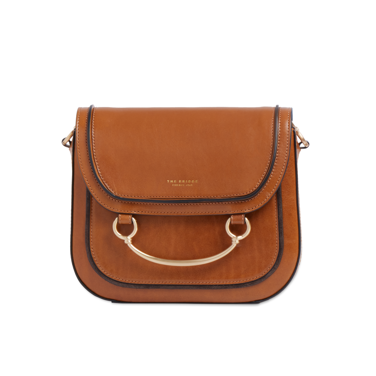 Women’s leather bag with shoulder strap COGNAC/GOLD | The Bridge