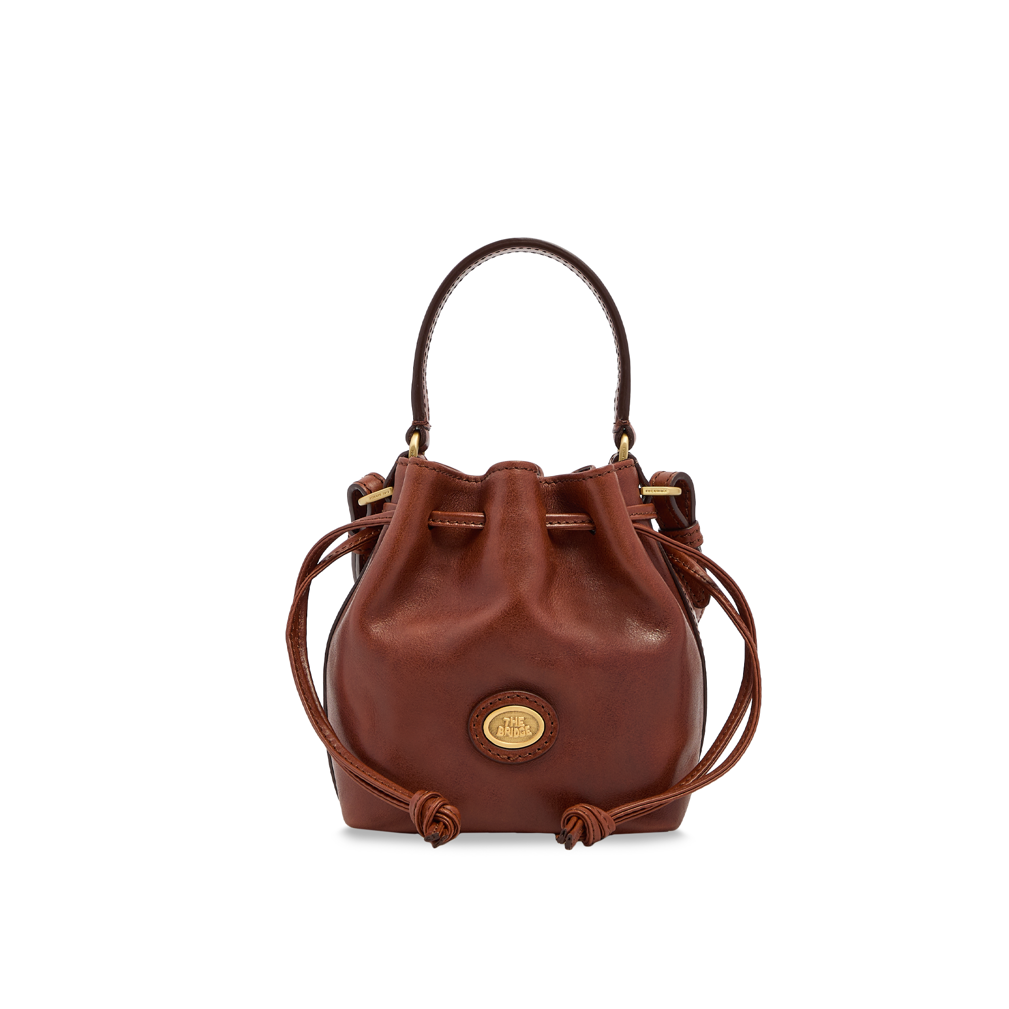 Mini leather bucket bag with shoulder strap BROWN/GOLD | The Bridge