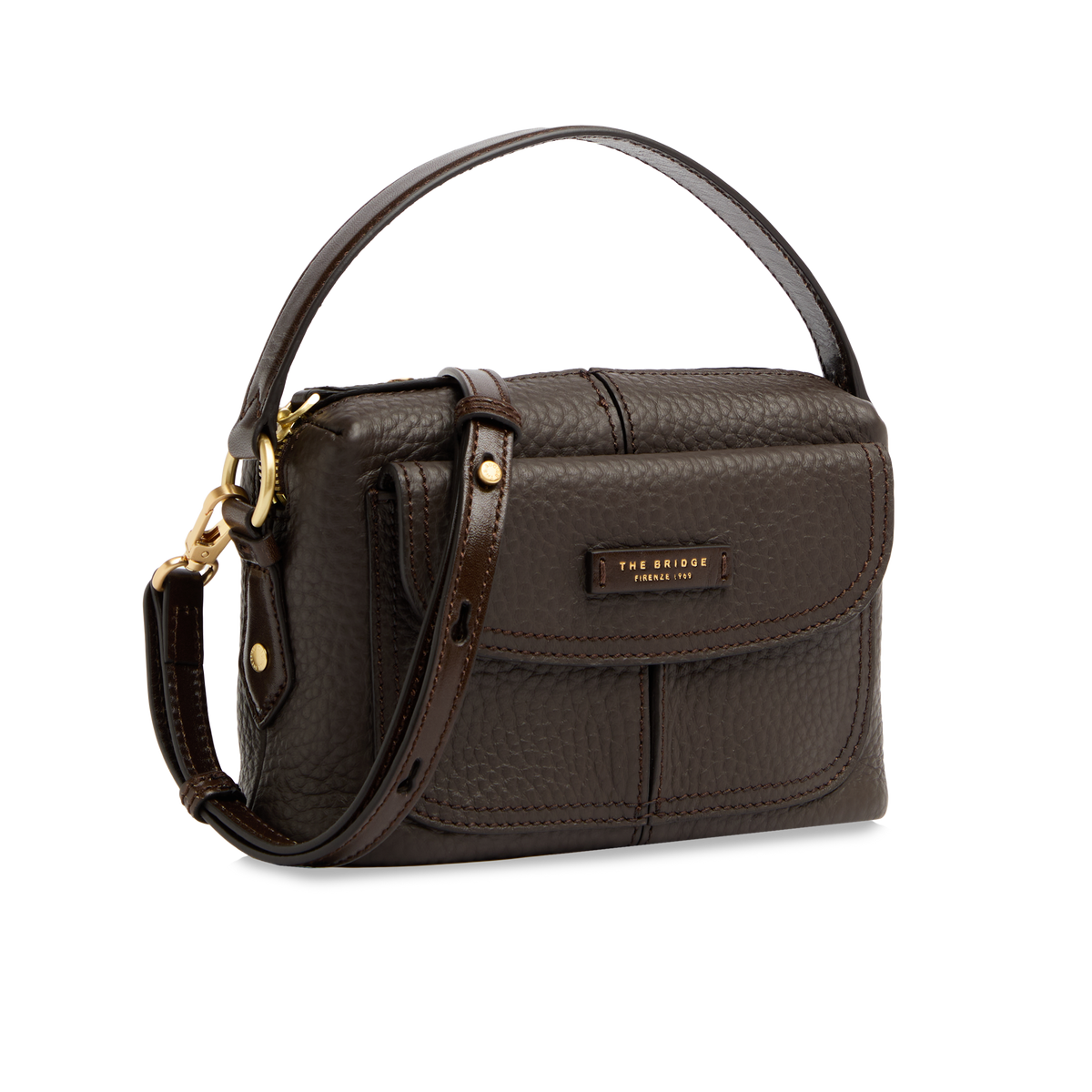 Pebbled leather crossbody bag with top handle MOCHA/GOLD | The Bridge