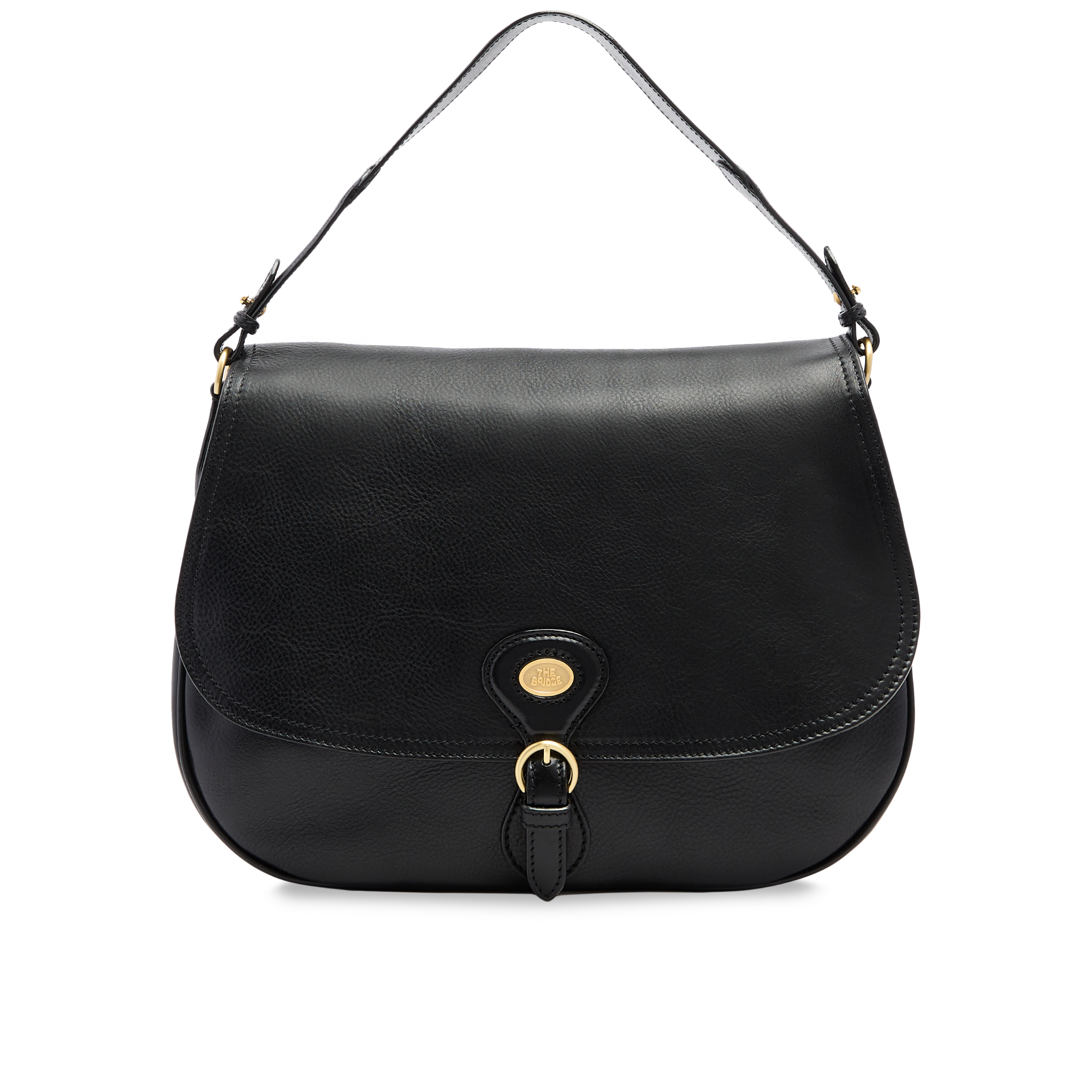 Large leather shoulder bag with front flap BLACK/GOLD | The Bridge