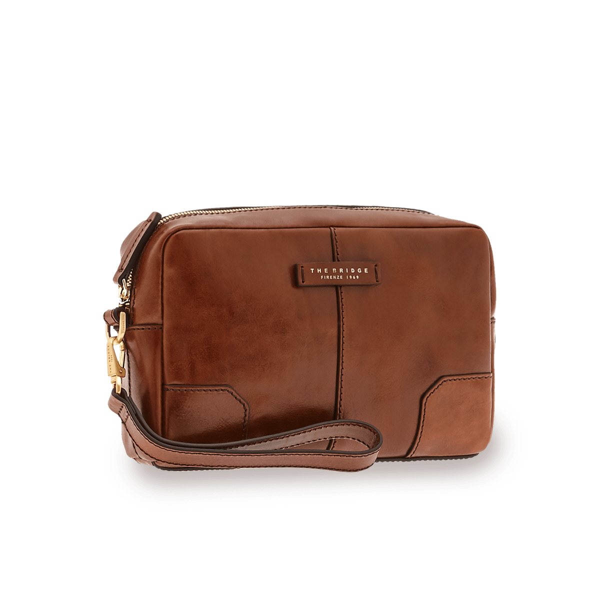 Men's leather crossbody pouch one zip BROWN/GOLD The Bridge