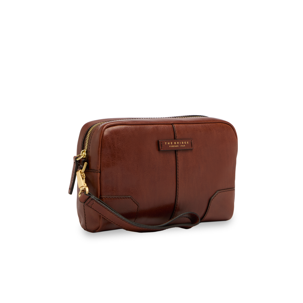 Men's leather crossbody pouch one zip BROWN/GOLD | The Bridge