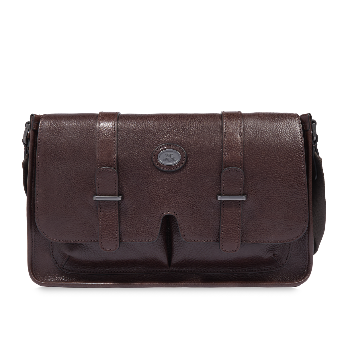 Leather briefcase with shoulder strap CHESTNUT/DK RUTHENIUM The