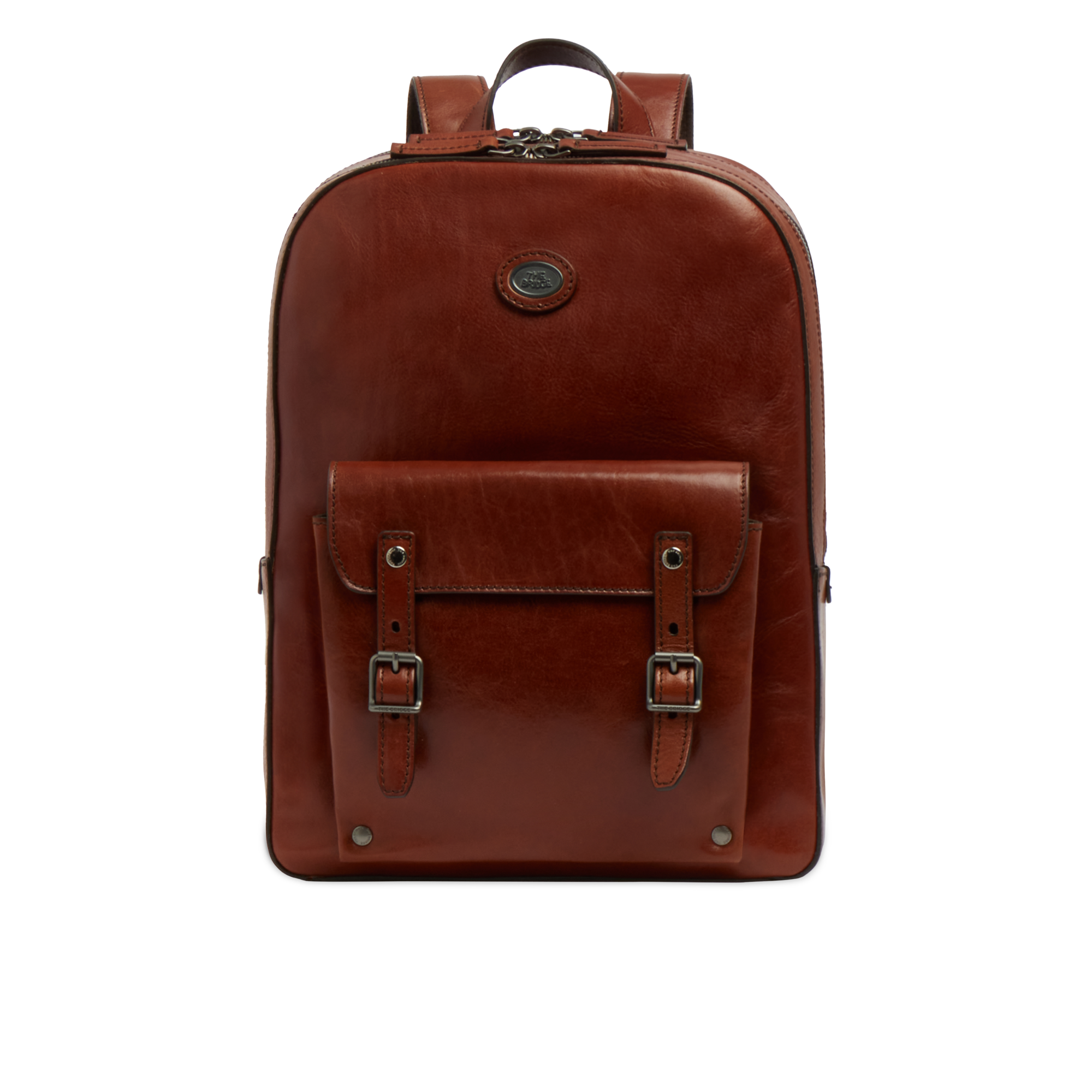 Men's leather laptop backpack with two zips BROWN/DARK RUTHENIUM