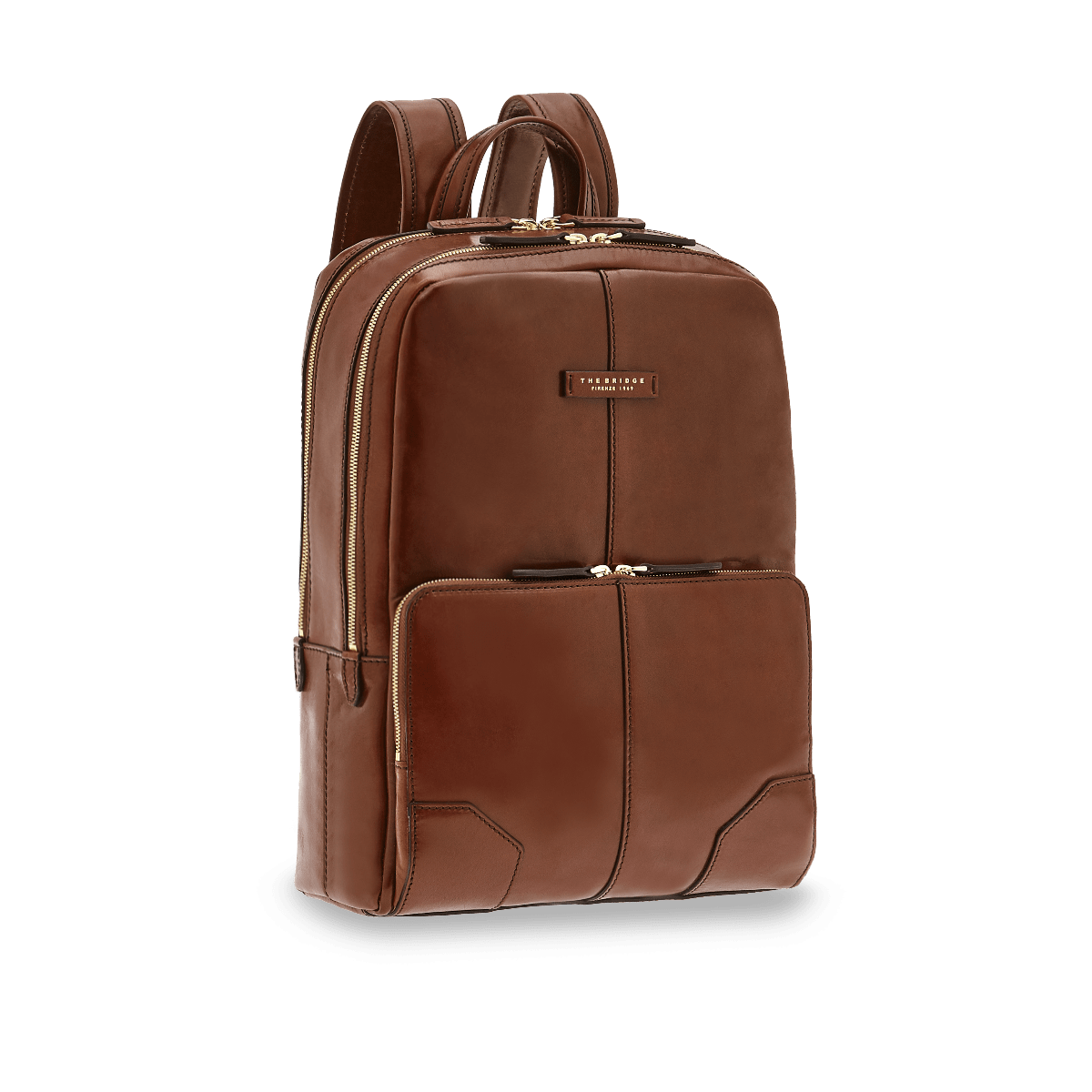 Men's leather laptop backpack with two zips BROWN/GOLD | The Bridge Men's leather laptop backpack with two zips BROWN/GOLD | The Bridge