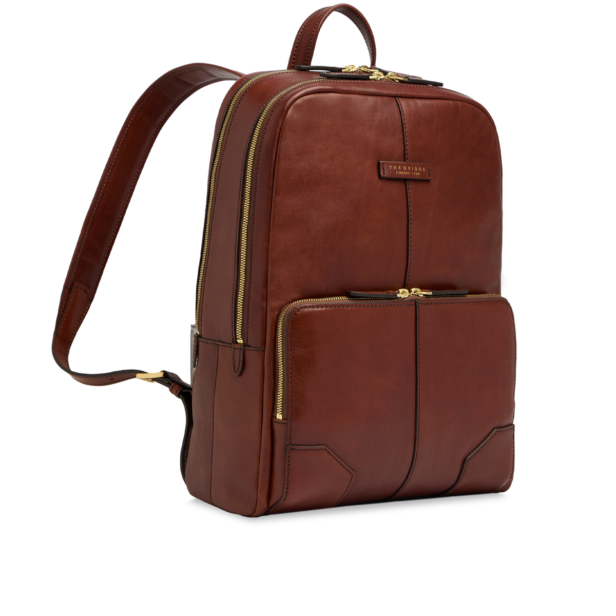 Men's leather laptop backpack with two zips BROWN/GOLD | The Bridge