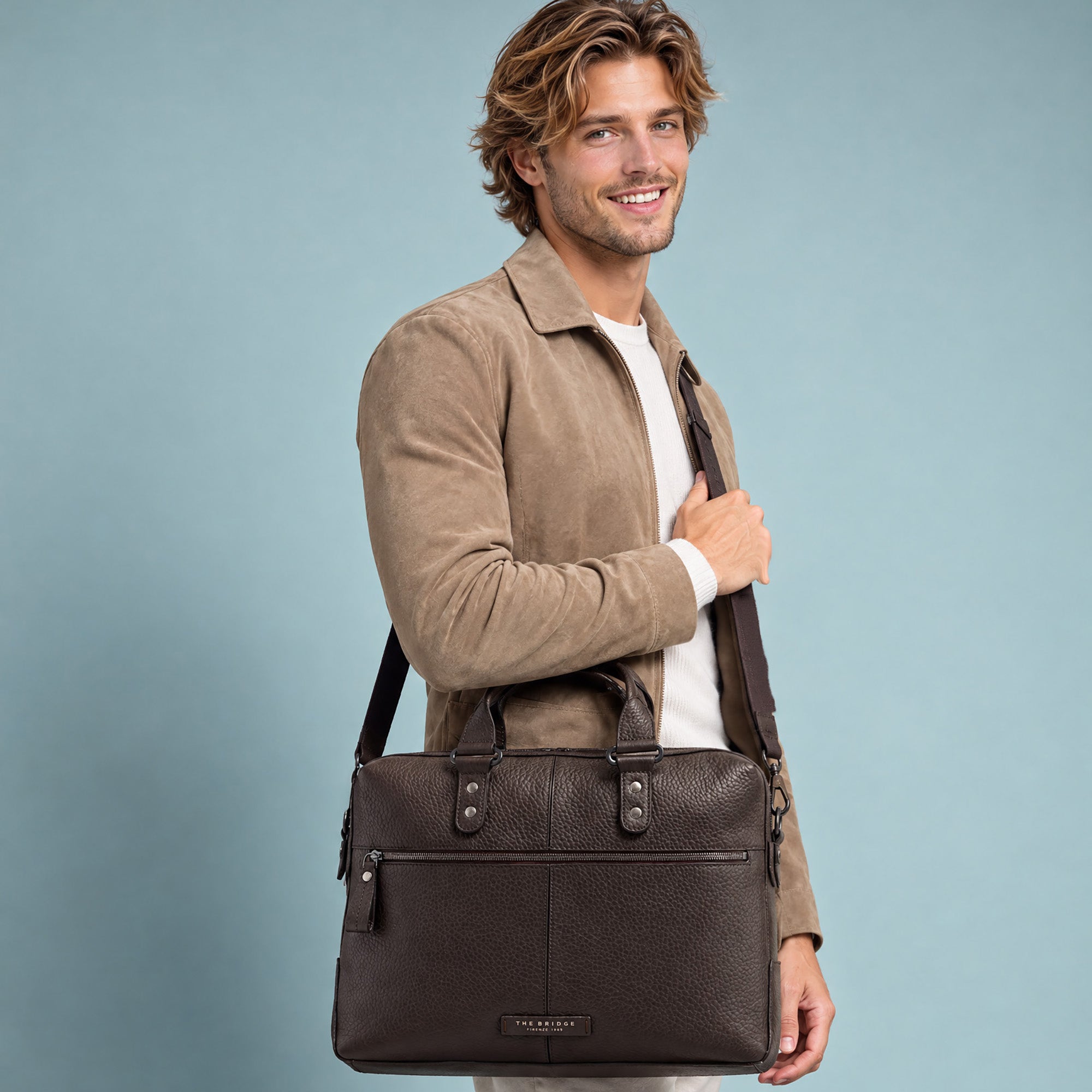 Men's Grained Leather Briefcase MOKA/ DARK RUTHENIUM | The Bridge