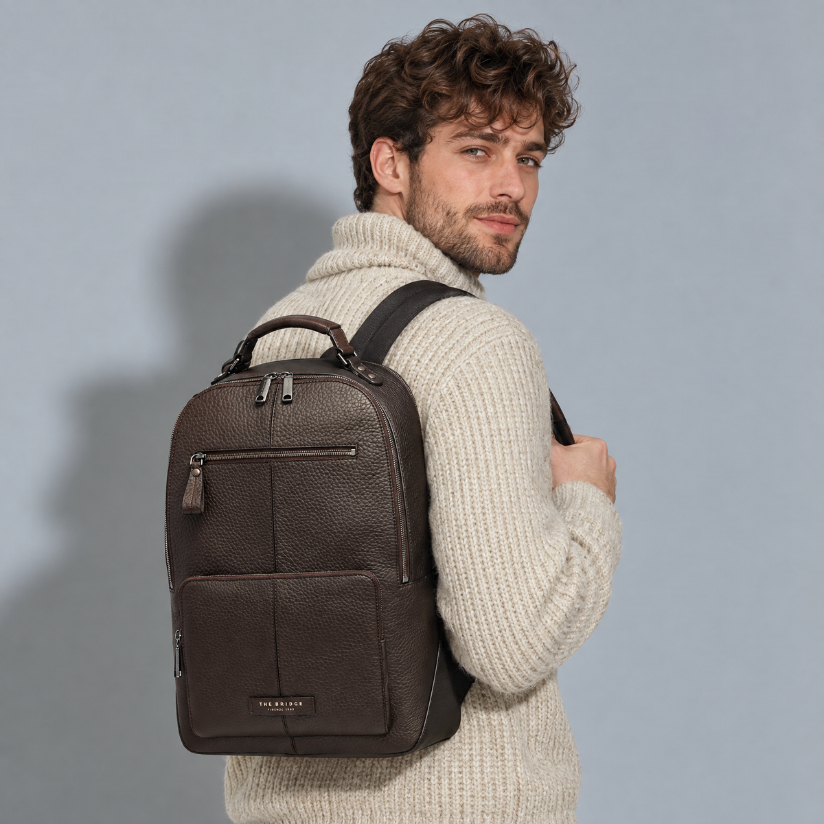 Men's Leather Backpack with Front Pockets MOKA/ DARK RUTHENIUM