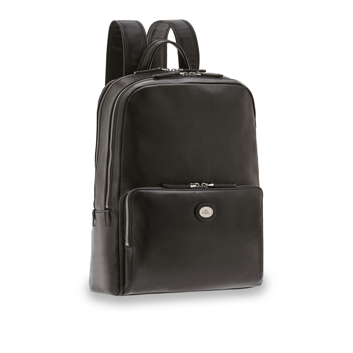 Men's leather laptop backpack with two zips BROWN/GOLD
