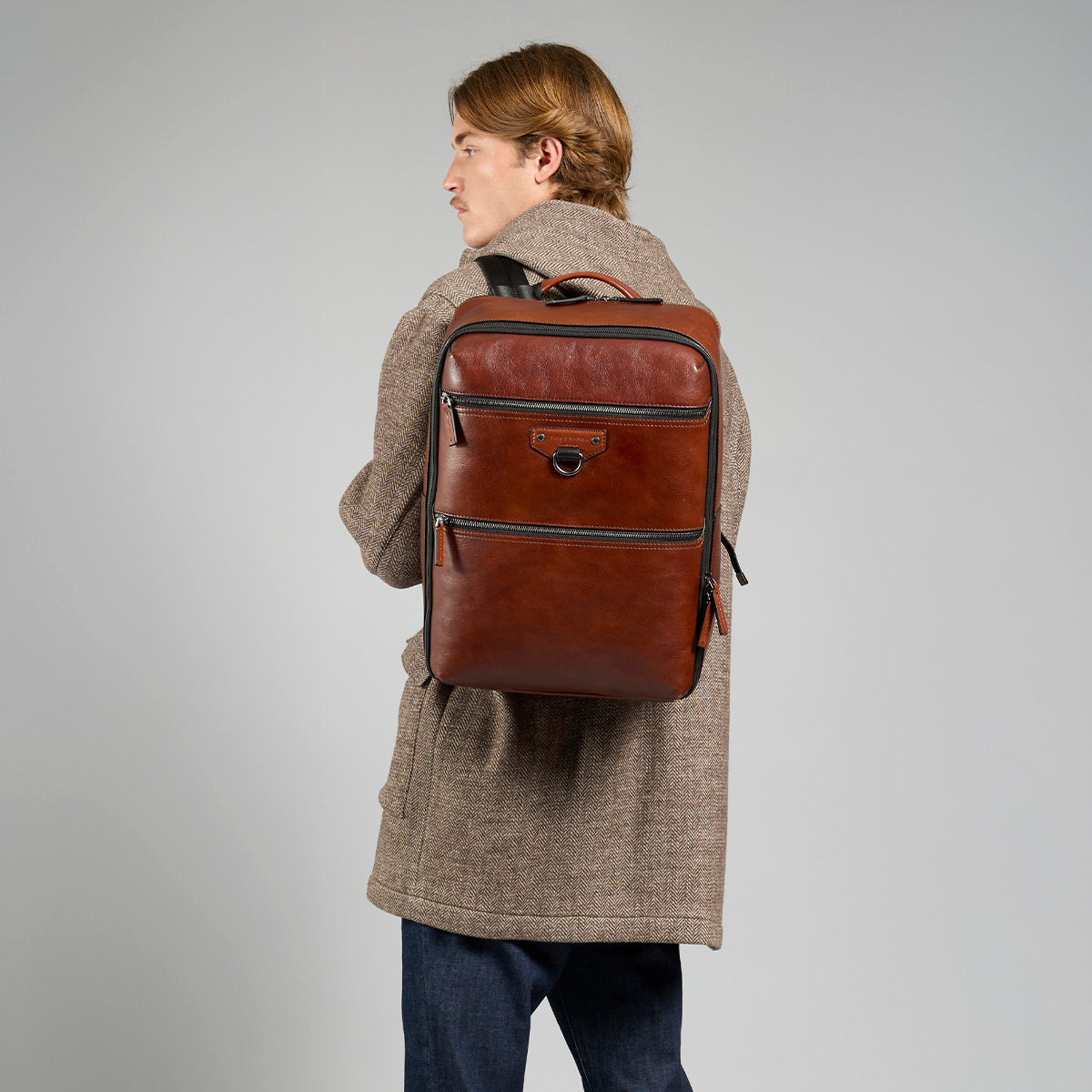 Men's leather travel backpack BROWN/DARK RUTHENIUM | The Bridge