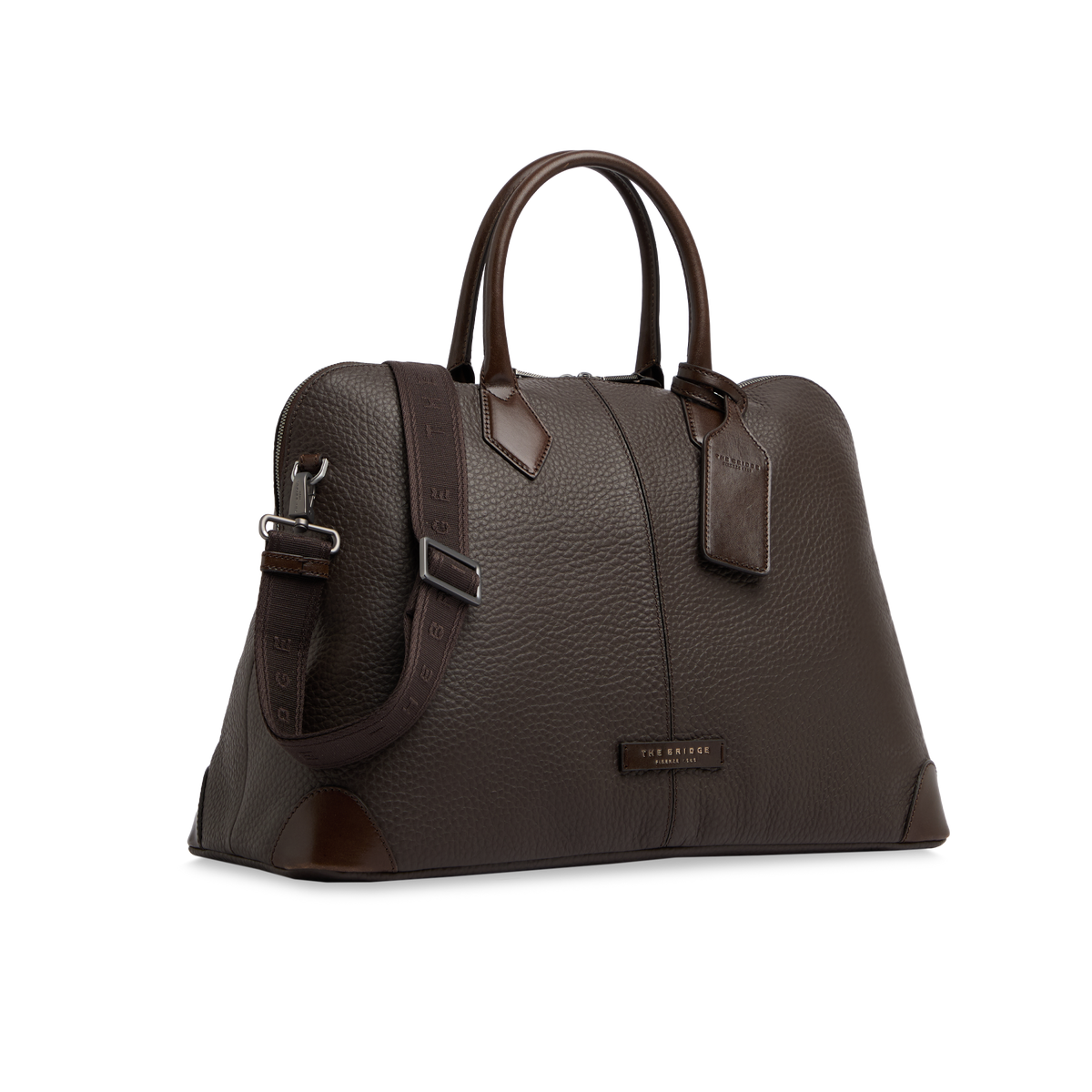 Grained Leather Travel Bag with Strap MOCHA/WHITE RUTHENIUM | The